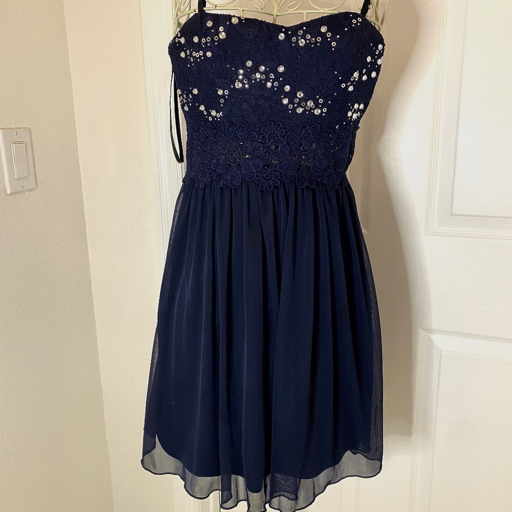 By & By Blue Lace and Silver sequin spaghetti straps Sz 1 -D0007